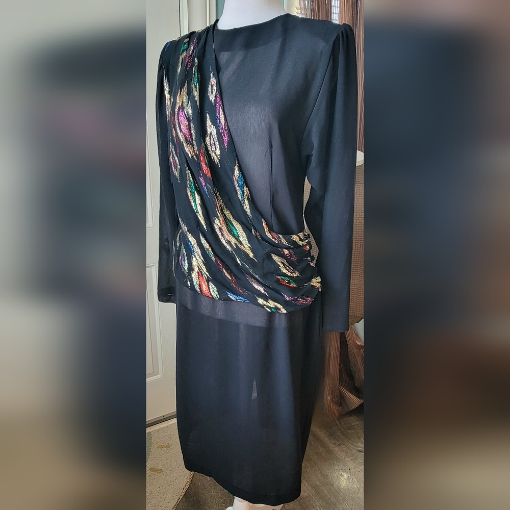 80s Pellini After 5 Chiffon Black Tie Sheer Midi Dress Womens 6 Black Multi Leap